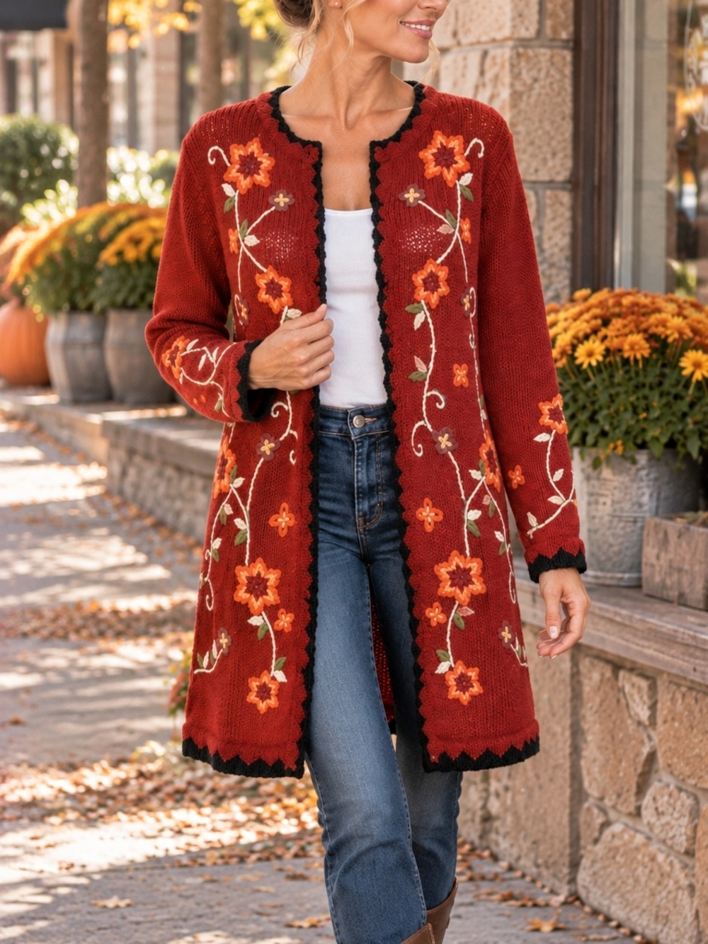 Vintage 80s Victor Costa Occasion Embroidered Floral Sweater Coat Cardigan L
